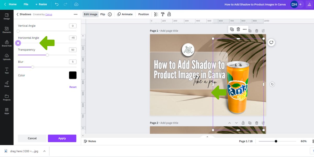 how to adjust Horizontal Angle in canva shadow effect