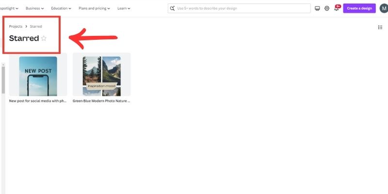 The sign shows where you can find starred template on canva projects